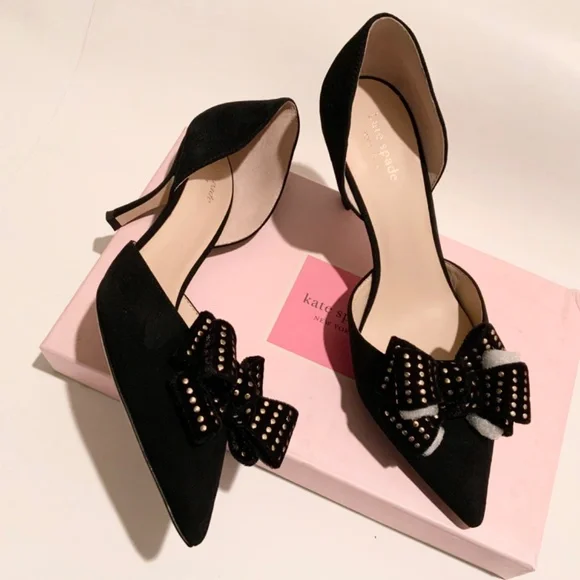 KATE SPADE Sterling Studded Bow Pointed Toe Pumps D’Orsay Black Dress Shoes 9 - Picture 2 of 11